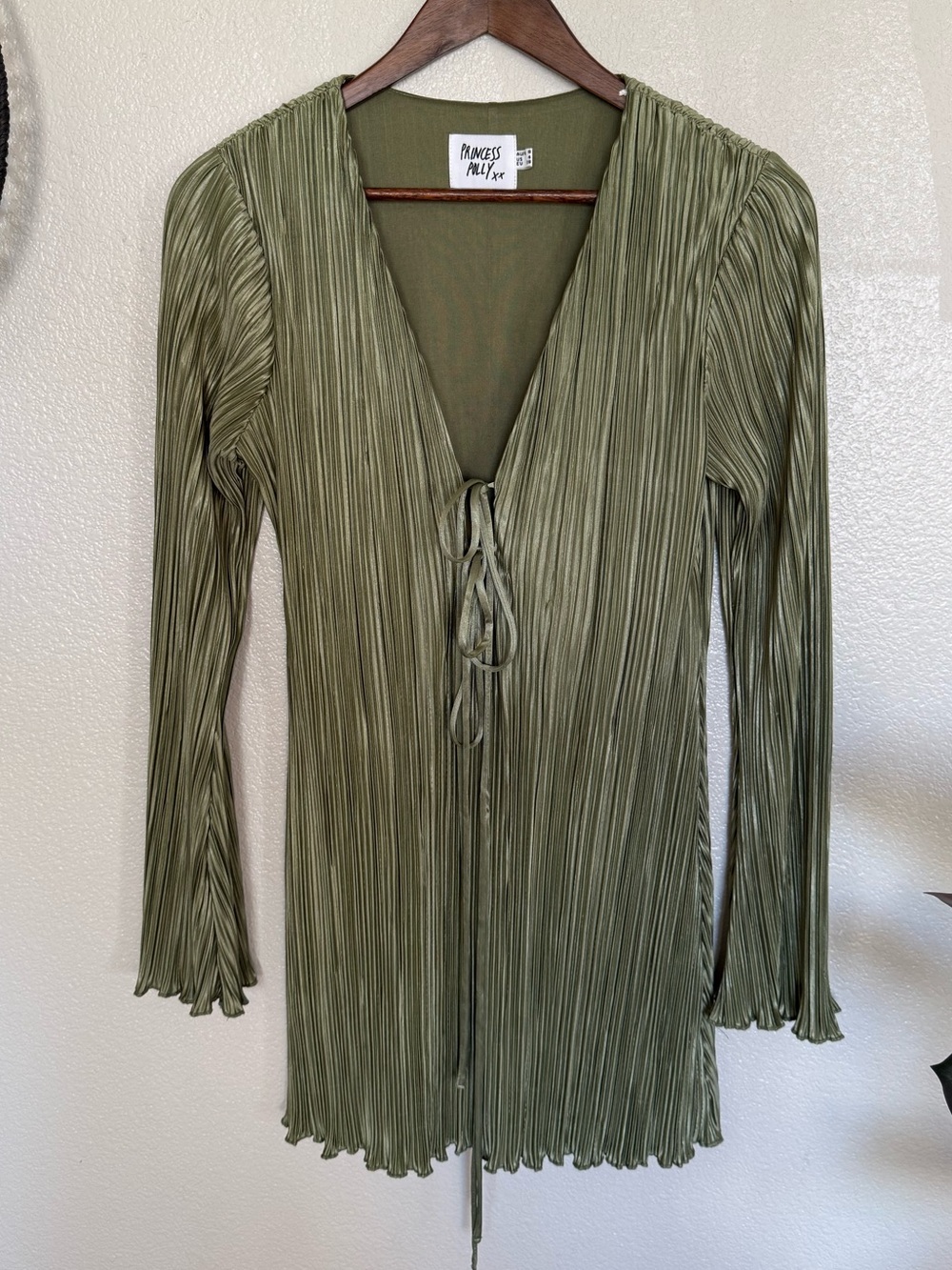 Princess Polly Olive Green Pleated Tie-Front Mini Dress